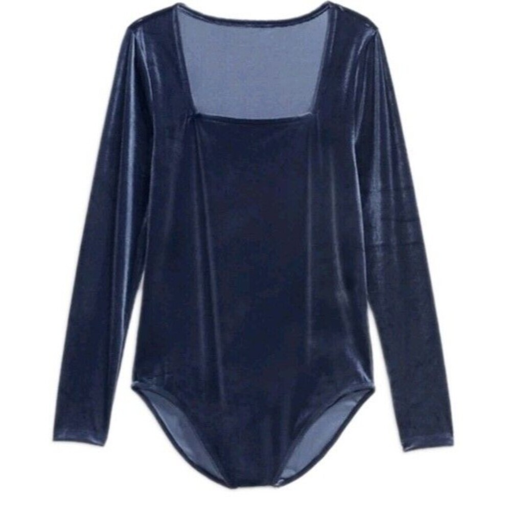 Old Navy Square Neck Velvet Bodysuit Women's Size XL Blue Long Sleeve Boho